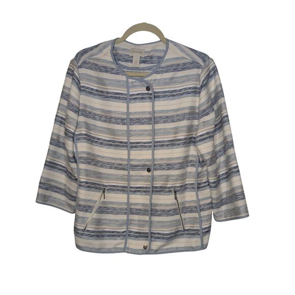 Chicos Jacket Blazer Ocean Stripe 3/4 Length Sleeves Blue White Women Size Large - Picture 1 of 9